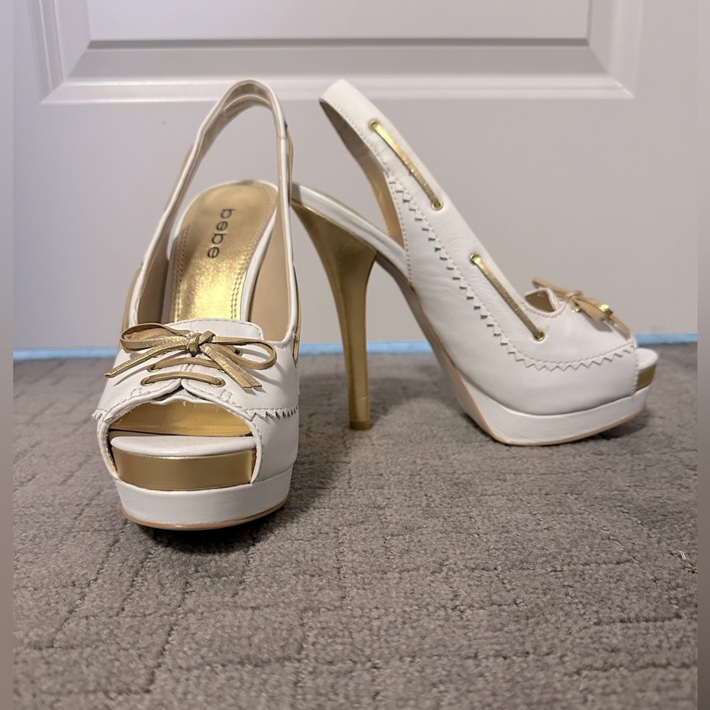 Never Been Worn 5 Inch White and Gold Bebe Peep Toe Slingback Heels Size 8